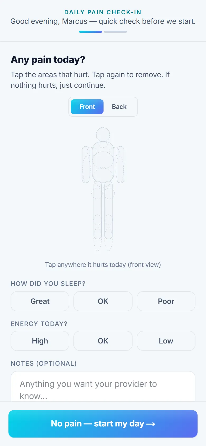 The LIFFT daily check-in: a body map for pain, plus sleep and energy