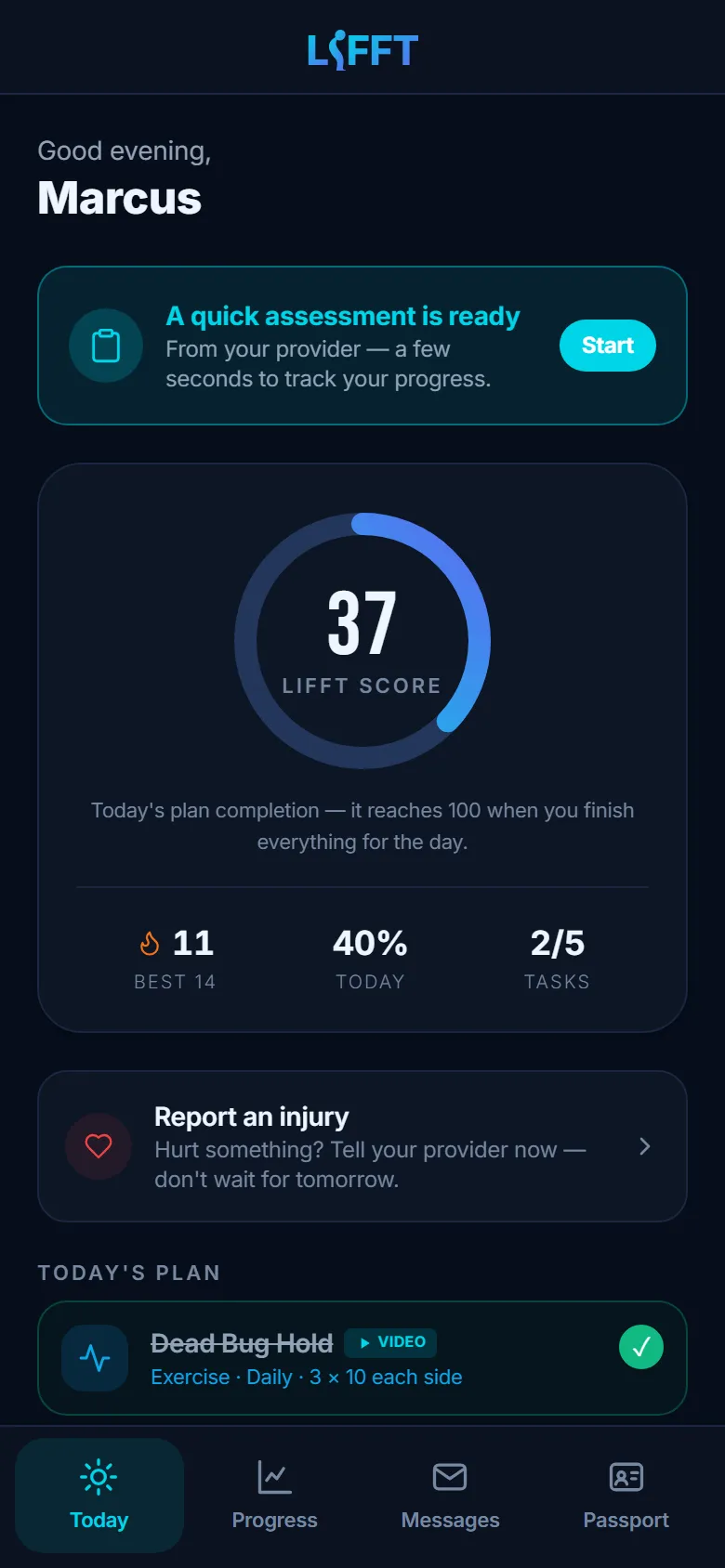 The LIFFT patient app in the Ocean theme, dark mode