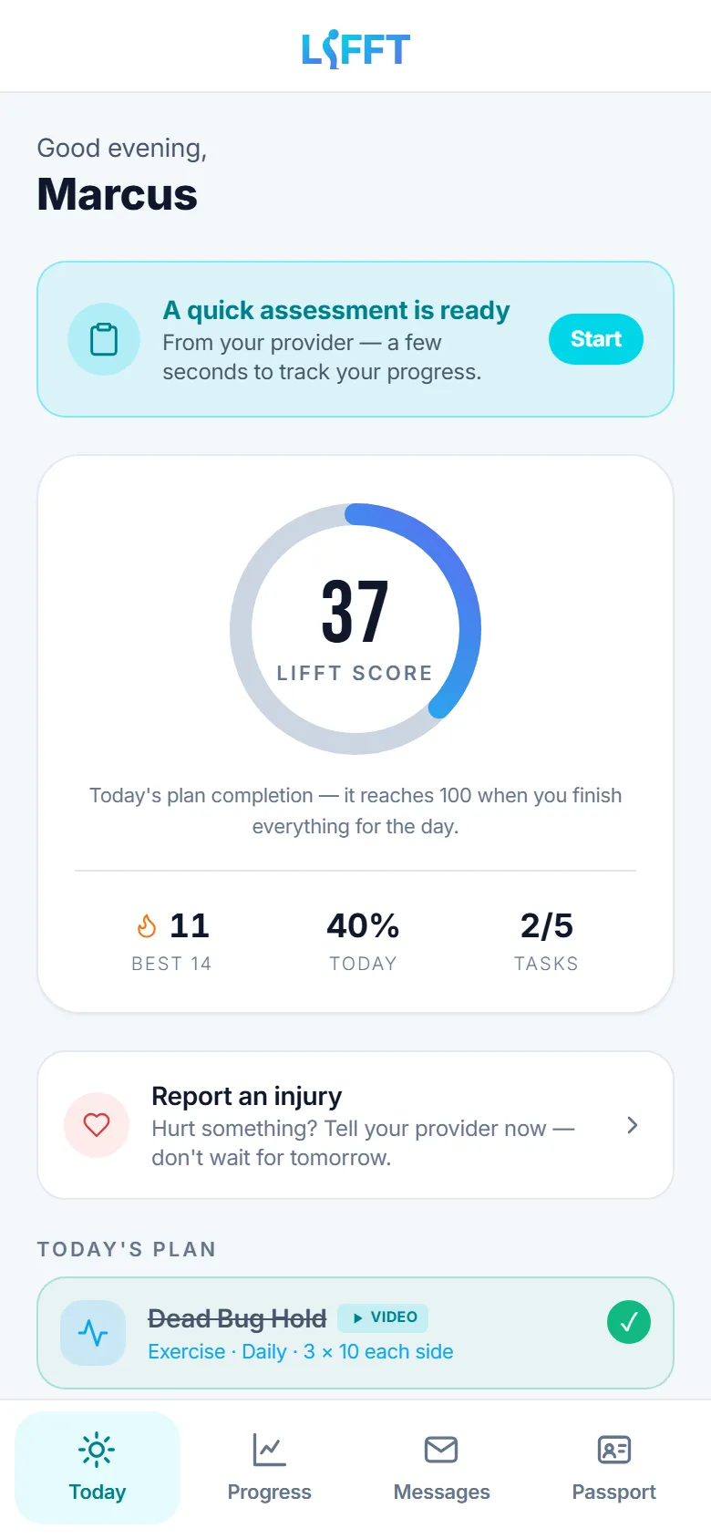 The LIFFT patient app: a greeting, a quick assessment and the LIFFT Score